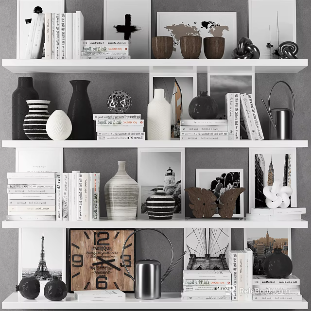 Organized Bookshelf With Books Magazines Vases And Decorative Photo Frames 3d model 