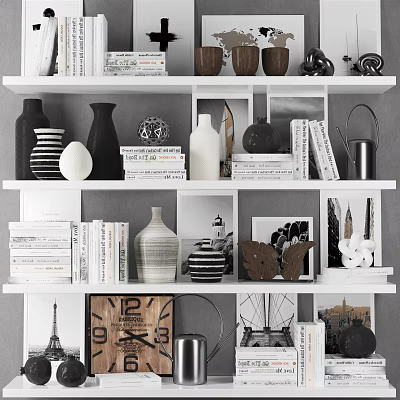 Organized Bookshelf With Books Magazines Vases And Decorative Photo Frames 3d model