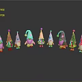 Colorful Garden Gnomes With Various Colored Hats And Clothes Arranged On Black Reflective Surface