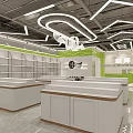 Bright Department Store Interior With White Counters Wooden Borders Green Walls Shelves And Modern Lights
