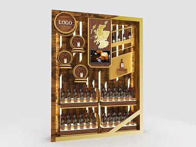 Wooden Wine Cabinet With Gold Frame Multiple Shelves For Wine Bottles And Decorative Map Decoration 3d model