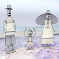 Cartoon Family Characters On Beach Holding Tray With Colorful Outfits