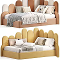 Kids Bed with Curved Headboard Brown Beige Pillows and Soft Blanket