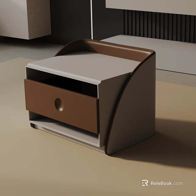 Modern Curved Side Table With Brown Drawer And Light Gray Top Surface 3d model 