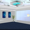 Modern Technology Exhibition Hall With Large Blue Display Screen And Ceiling Lighting 3d model