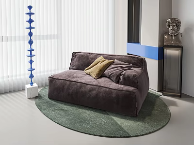 Brown Velvety Single Sofa with Yellow and Gray Cushions on Green Round Rug 3d model
