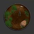 Dinosaur Standing On Circular Platform With Tall Trees Small Pond Green Plants And Red Rock