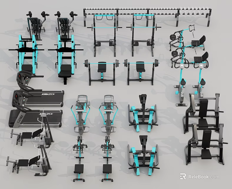 Diverse Fitness Equipment Collection With Treadmills Dumbbells Weight Racks And Exercise Machines 3d model 