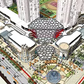 Modern Commercial Plaza With Glass Roof Palm Trees And Outdoor Seating Area