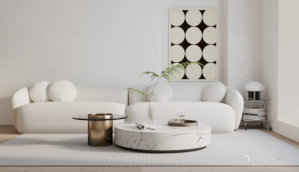 White Two Seater Sofa In Modern Living Room With Round Wall Art And Marble Coffee Table 3d model 