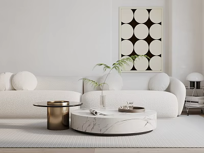 White Two Seater Sofa In Modern Living Room With Round Wall Art And Marble Coffee Table 3d model