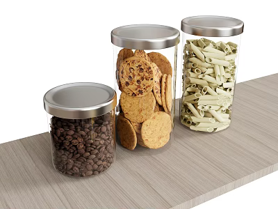 Transparent Glass Jars with Silver Lids Storing Coffee Beans Crackers and Pasta on Wooden Countertop 3d model