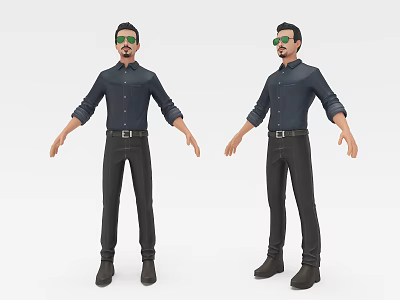 3D Male Character Models In Dark Shirt Black Pants With Green Sunglasses Standing Pose 3d model