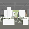 Modern Office Environment With White Green Cubicles Plants And Ceiling Light Strips 3d model