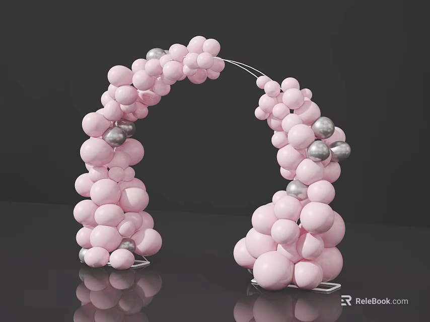 Pink and Silver Balloons Decorative Arch with Reflection on Dark Surface 3d model
