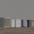 Different Colored Modern Trash Bins Arranged On Wooden Floor With Light Wall