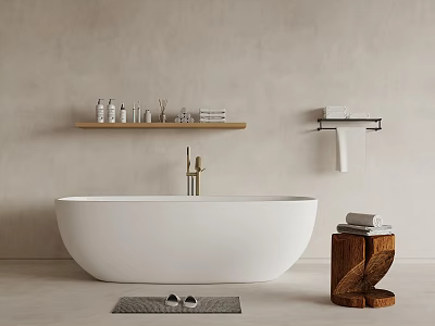 Minimalist Bathroom Interior Design With Freestanding White Bathtub Wooden Shelf And Towel Rack 3d model
