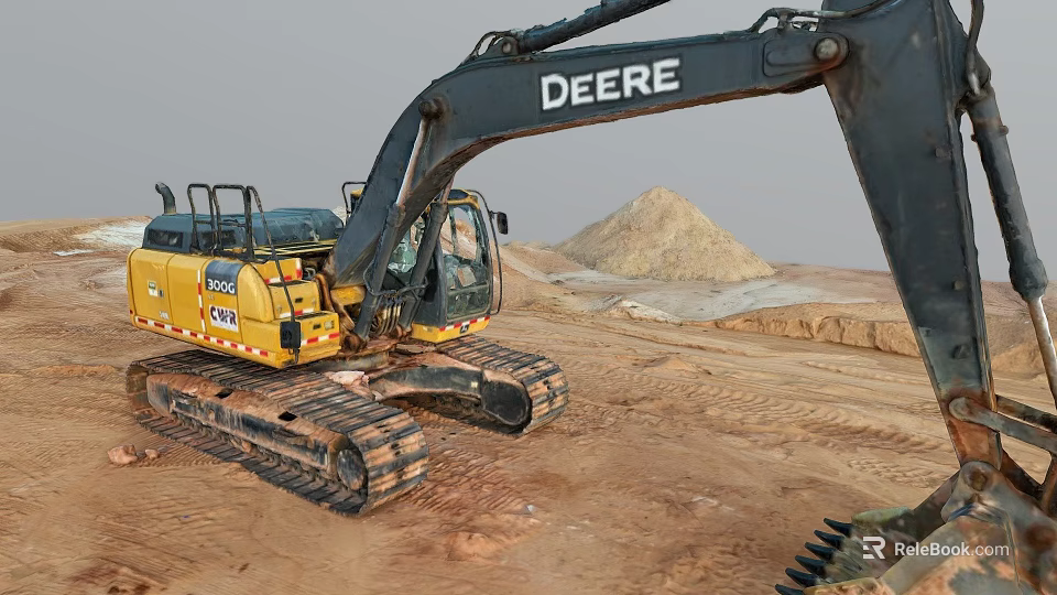 DEERE Yellow Excavator Working On Construction Site With Dirt Ground And Soil Pile 3d model 