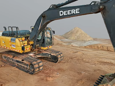 DEERE Yellow Excavator Working On Construction Site With Dirt Ground And Soil Pile 3d model