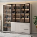 Modern Bookcase With Glass Doors Layered Shelves Built-in LED Lights And Storage Cabinets