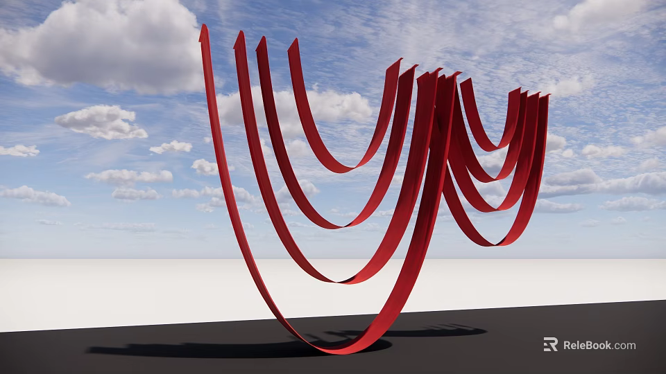 Red Curved Ceiling Drapery Decor Design With Flowing Ribbons And Cloudy Sky 3d model