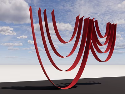 Red Curved Ceiling Drapery Decor Design With Flowing Ribbons And Cloudy Sky 3d model