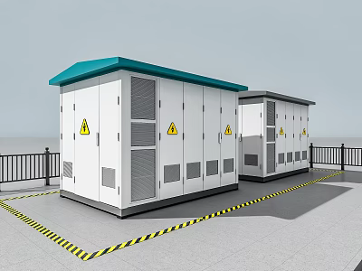 Public Facility Electrical Cabinets With White Exterior Teal Roof Warning Signs And Stripes Railing 3d model