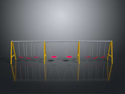 Three Playground Swings With Yellow Frames And Red Seats On Shiny Surface 3d model