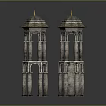 Twin Symmetrical Stone Towers With Domed Tops Golden Finials And Arched Openings