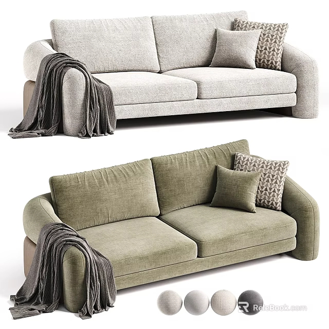 Light Gray And Green Two Seater Sofa With Decorative Pillows And Blanket 3d model 
