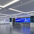 Tech Inspired Exhibition Hall Interior Featuring Blue Large Screen Curved Ceiling and Circular Floor Lines