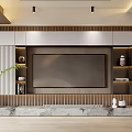 Modern TV Background Wall Design With Wooden Slats Marble Countertop And Built in Storage Cabinets