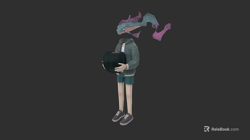 Character In Green Jacket Holding Black Pot With Blue Creature Head And Purple Ribbons 3d model 