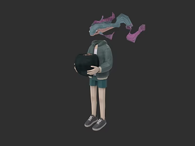 Character In Green Jacket Holding Black Pot With Blue Creature Head And Purple Ribbons 3d model