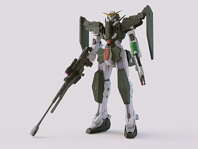 Detailed Green And White Gundam Model With Standing Pose Rifle And Yellow Head 3d model