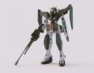 Detailed Green And White Gundam Model With Standing Pose Rifle And Yellow Head 3d model