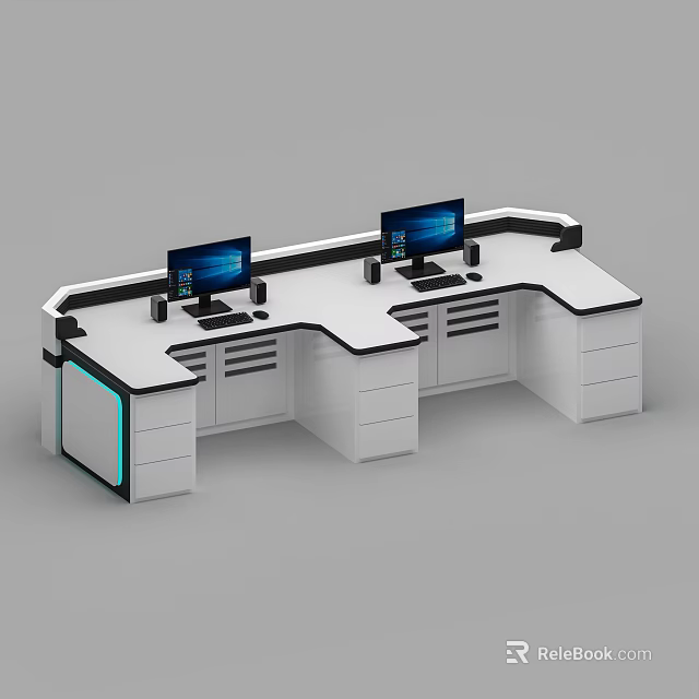 Modern L Shaped Office Desk With Dual Monitors Drawers And White Finish 3d model 