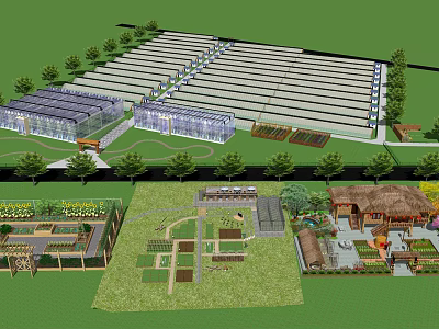 Integrated Agricultural Park Design With Greenhouses Planting Areas Garden And Trees 3d model