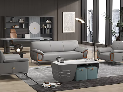 Modern Gray Sofa and Coffee Table Set in Living Room with Large Windows Green Plants 3d model