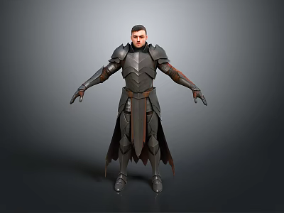 Male Warrior In Detailed Metal Armor With Cloak Standing On Gray Background 3d model