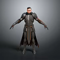Male Warrior In Detailed Metal Armor With Cloak Standing On Gray Background