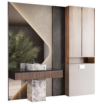 Modern Bathroom Interior Design With Marble Washbasin Backlit Mirror And Wooden Cabinets 3d model