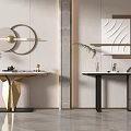 Modern Console Table With Gold Black Base Marble Top Wall Decor Green Plant And Decorative Items