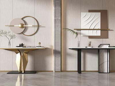Modern Console Table With Gold Black Base Marble Top Wall Decor Green Plant And Decorative Items 3d model