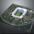 Modern Football Stadium Model With Green Turf Surrounding Trees And Roads