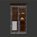 Vintage Style Cabinet With Double Doors Metal Grid And Glass Panels Containing Gold Items