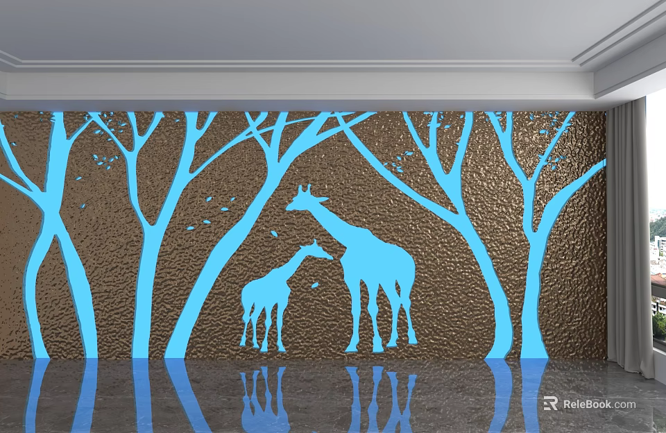 Brown Textured Background Wall With Blue Tree Silhouettes Giraffe Silhouettes And Floor Reflection 3d model 
