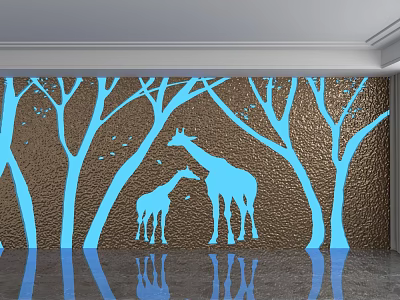 Brown Textured Background Wall With Blue Tree Silhouettes Giraffe Silhouettes And Floor Reflection 3d model