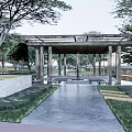 Scenic Park Landscape With Horse Sculpture Stone Paths Trees And Pavilion