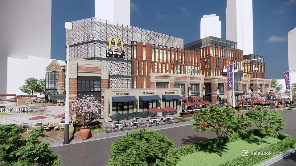 Vibrant Commercial Street With Modern Brick Buildings McDonald's Outdoor Seating Sunshades And Trees 3d model 